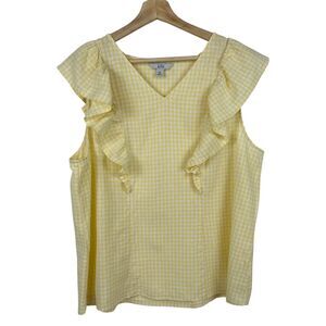 Croft Barrow Sleeveless Ruffle Linen Top XL Yellow White Vichy Check V Neck